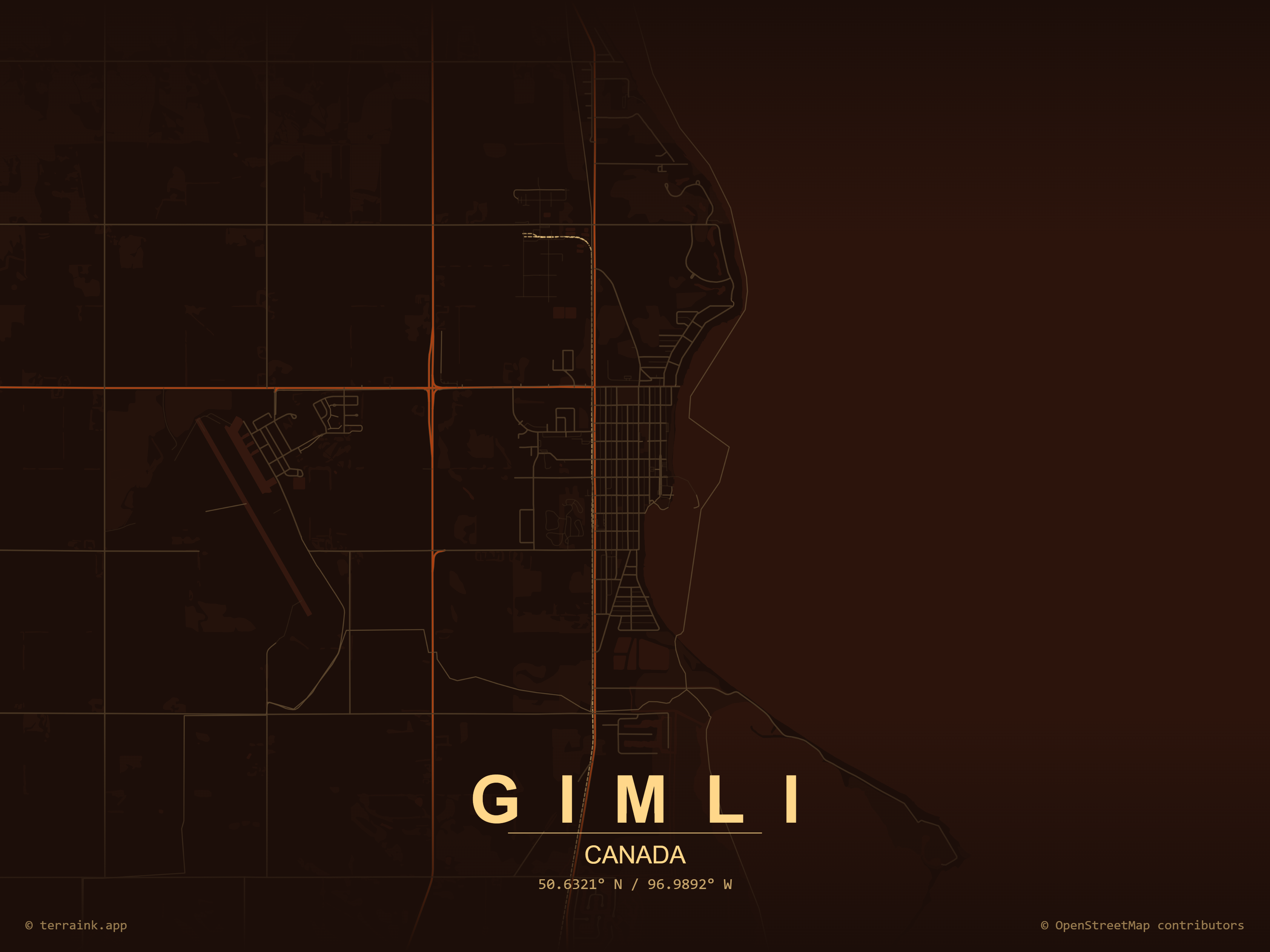 Dark industrial map artwork of Gimli, Manitoba and the Lake Winnipeg shoreline